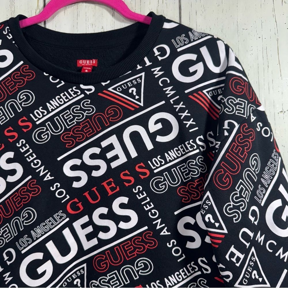 Guess Logo Print Cropped Drawstring Sweatshirt Black White Red Y2K Streetwear M - Picture 3 of 14
